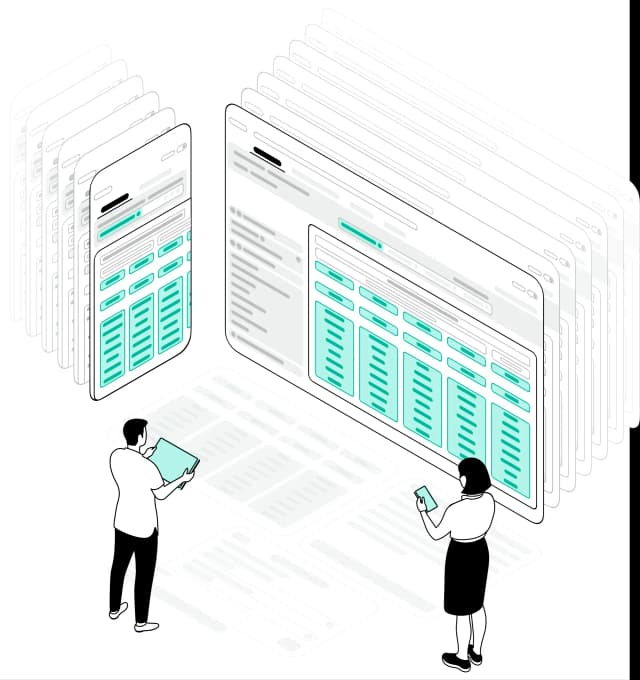 Blendwise platform illustration showing pricing grids on mobile and desktop with users